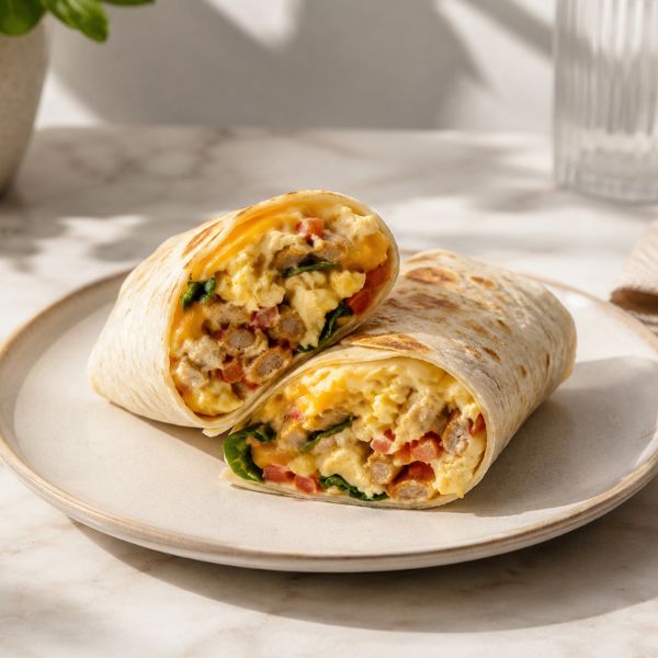 Bacon and egg breakfast wrap on a plate