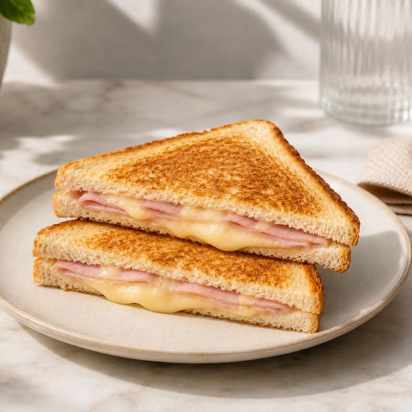 Ham and cheese toastie on a plate