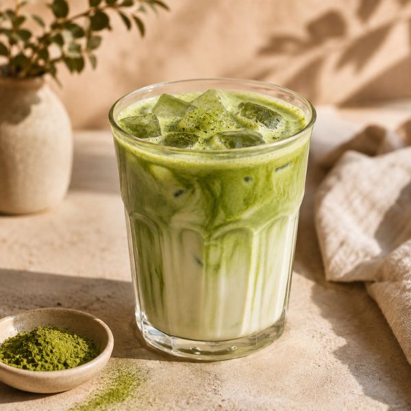 Iced matcha latte in a glass