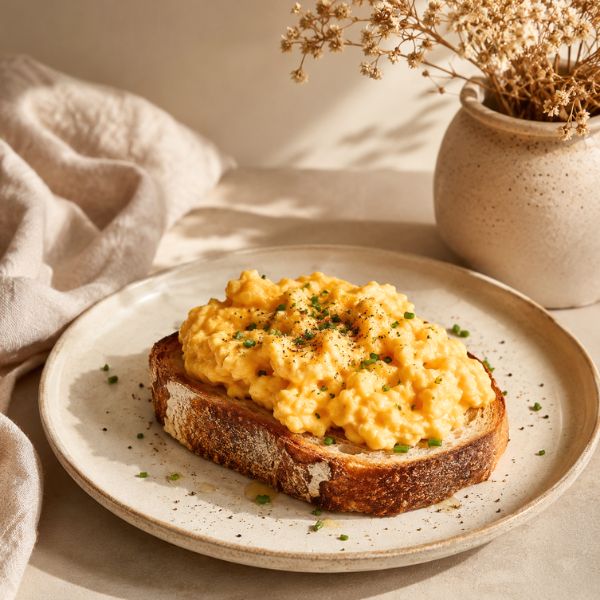 Scrambled eggs on toast on a plate