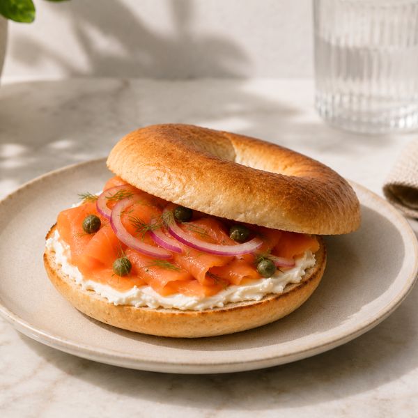 Smoked salmon bagel on a plate