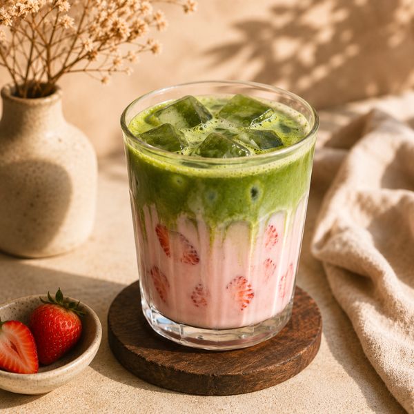 Strawberry matcha latte in a glass